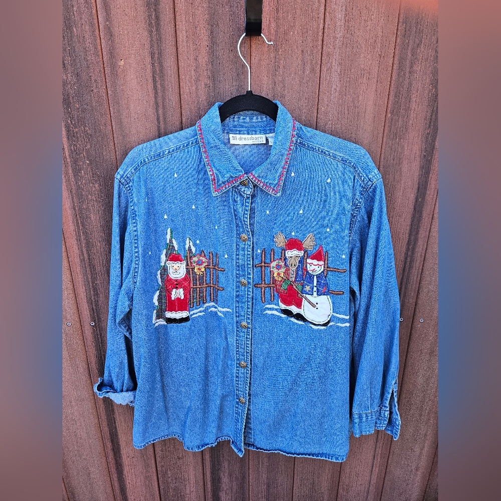 Dress Barn Denim Women Plus Size Embroidered Holiday Christmas Long Sleeve Shirt